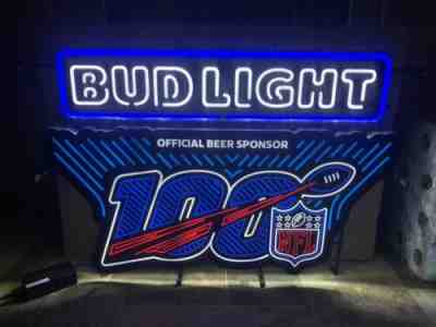 Bud Light Beer NFL 100 Years LED Light Up Sign Game Room Bar Pub Man Cave NEW