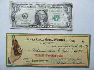 Nice 1939 Coca Cola Bottling Company Bank Check, Santa Cruz, Cal, Beer Budweiser