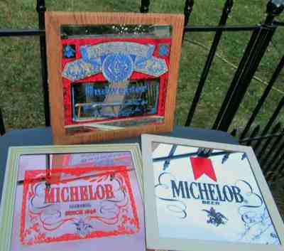 Vintage Carnival Glass Mirror Beer Sign Lot MICHELOB BUDWEISER