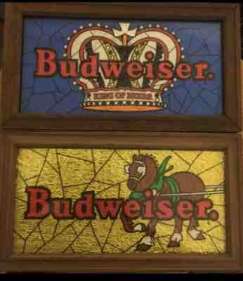 2 Vintage Budweiser KING OF BEERS Stained Glass Foil Crown Framed Wall Hanging