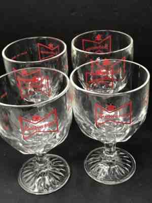 4 Budweiser Beer Goblet Stemmed Mug Glass Clear Color Thumbprint Pattern Bow Tie