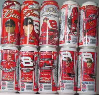 BUDWEISER 16 OZ. CANS, 10 CAN SET OF DALE EARNHARDT JR.,  ALUM., B.O. GRADE 1+