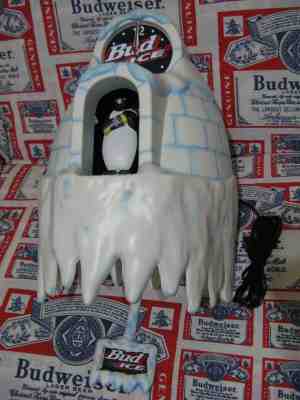 NEW VTG 1997 BUDWEISER BUD ICE BEER PENGUIN MOTION IGLOO COO-COO CLOCK BAR SIGN