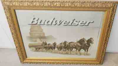 BUDWEISER BEER MIRROR CLYDESDALE US CAPITOL GOLD FRAME MAN CAVE DECOR EARLY 90S