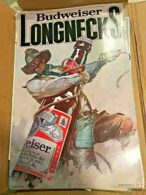 BUDWEISER  LONGNECK POSTER 1980'S VINTAGE  UNUSED! RARE! RANCHER WRANGLER