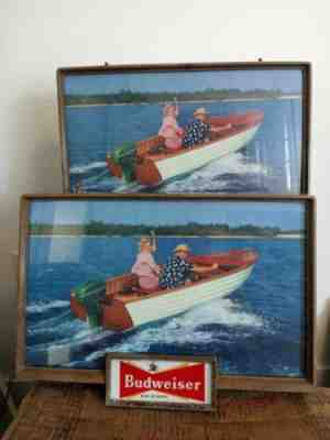 TWO 1957 VTG BUDWEISER BEER LIGHT SIGN BOAT JOHNSON SEA HORSE OUTBOARD MOTOR