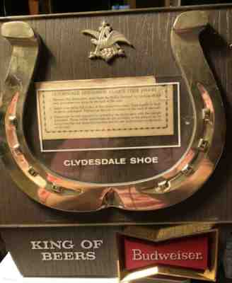 VTG 1969 BUDWEISER BEER CLYDESDALE SHOE IN MOTION FIRST DOLLAR BILL BAR PUB SIGN