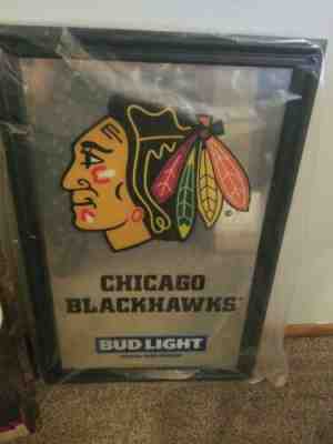 Bud Light beer Chicago Blackhawks NHL Hockey back bar mirror sign mib