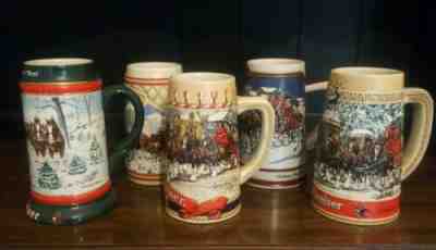 Lot of 5 Budweiser Holiday Steins 1985-1991 Clydesdale Christmas Beer Mugs