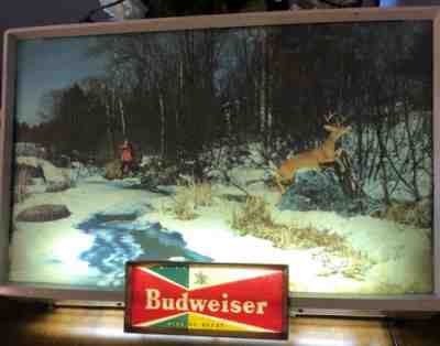 1950's ULTRA RARE Budweiser King Of Beers Deer Hunting Lighted Sign 16”X20