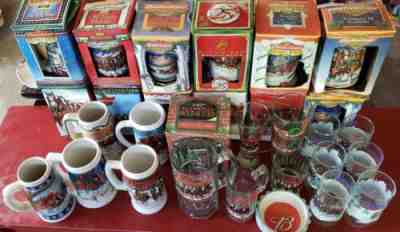 31 pc Budweiser Holiday Christmas Steins 1995 and up 13 new in box  