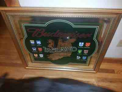 Budweiser Mirror Sign Ireland Map Clans LARGE RARE Gold frame Irish Pub Beer bar