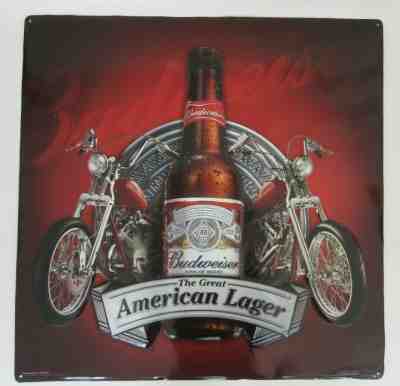 Budweiser Beer The Great American Lager Harley Motorcycle Embossed Metal Sign