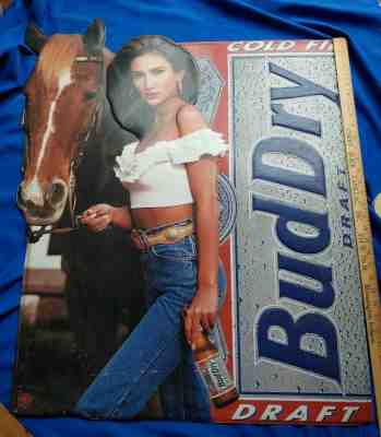 HUGE RARE Budweiser Sign Tin Clydesdale Horse Cowgirl Pinup VTG Bud Dry Woman