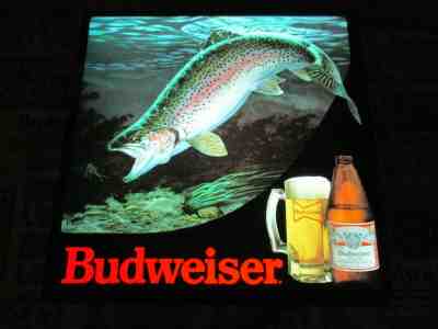 NEW VTG 1985 BUDWEISER BEER TROUT SALMON FISH IN MOTION FISHING BAR LIGHT SIGN