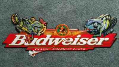 Vintage 1997 Budweiser American Beer Chameleon Louie Lizard Frog Sign Tin Metal