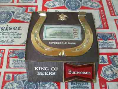 VTG 1969 BUDWEISER BEER CLYDESDALE SHOE IN MOTION FIRST DOLLAR BILL BAR PUB SIGN