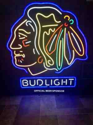 Bud Light beer Chicago Blackhawks LED light up bar sign NHL hockey new