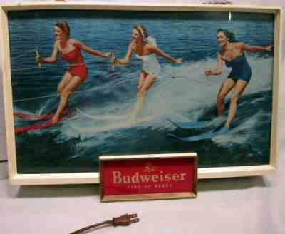 VINTAGE BUDWEISER LIGHTED ADVERTISING SIGN THREE LADIES WATER SKIING