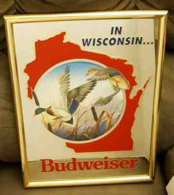 1990 Budweiser Beer DUCK Mirror Sign Bar Advertising WISCONSIN Wildlife Series