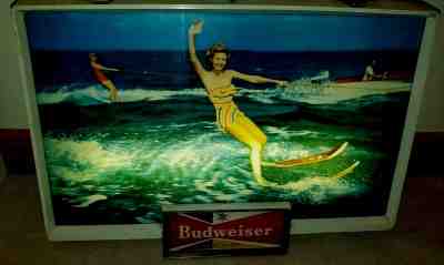 VINTAGE BUDWEISER Beer Sign Light SKI GIRLS Wood Boat Evinrude Outboard SKIING