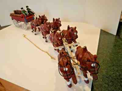 VTG CAST IRON CLYDESDALE DISPLAY WAGON HORSES WOOD BARRELS DOG BUD STYLE 