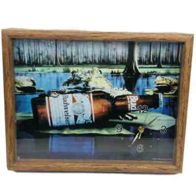 Vintage 1995 Budweiser Frogs Beer Advertisement Framed Picture Clock Breweriana