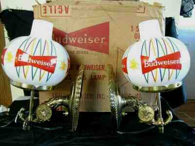 RARE CLASSIC 1962 DATED SET OF BUDWEISER BEER ADVERTISING BAR WALL LAMPS W/ BOX 