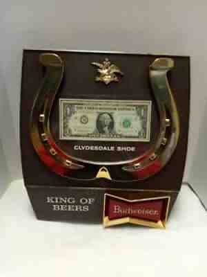 VINTAGE 1969 BUDWEISER BEER CLYDESDALE SHOE FIRST DOLLAR BILL BAR PUB SIGN