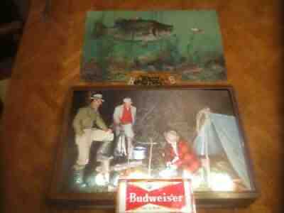 Vintage Budweiser Fishing Camp and Large Mouth Bass Insert Lighted Sign 1950's