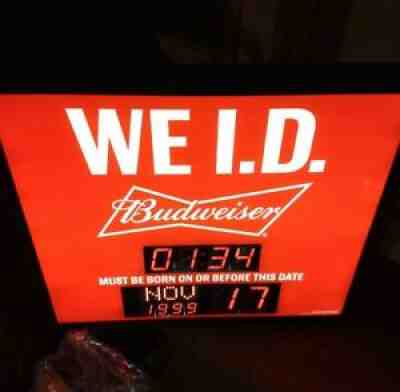 NEW Budweiser We I.D. Light Up Sign Clock & Born Before Date NEW IN BOX MOTION