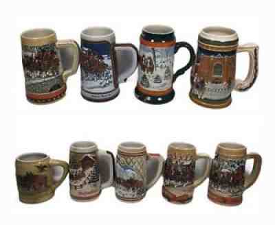 Lot Of 9- Budweiser Holiday Steins- 1980 With Green Cases, 1984-1989, 1991, 1997