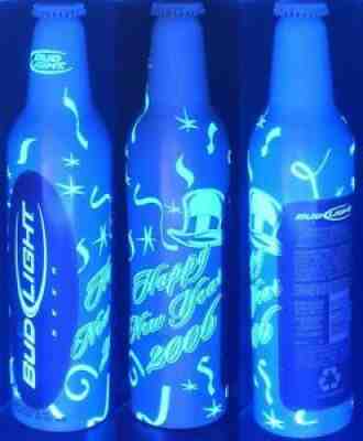 2006 NEW YEARS BLACK-LIGHT BUD LIGHT ALUMINUM BEER BOTTLE CAN BY BUDWEISER ALU