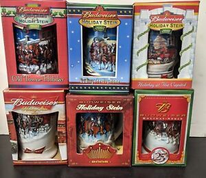 6 NEW Budweiser Lot Vintage Christmas Holiday Beer Steins Clydesdales 2001-2006