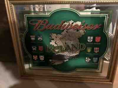 Budweiser Mirror Sign Ireland Map Clans LARGE RARE Gold frame Irish Pub Beer bar