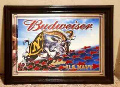 Rare Budweiser Salutes U.S. Navy Bar Mirror 2002 28X20 W/ Wood Frame Man Cave