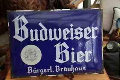 RARE Convex BUDWEISER BEER BIER Porcelain Enamel Brew house GERMAN SIGN