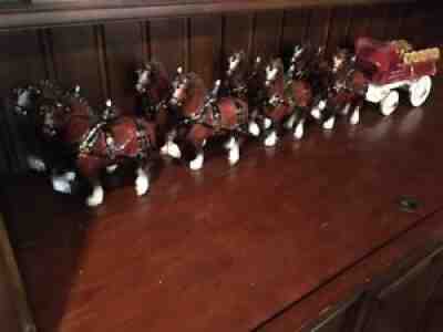 BEAUTIFUL RARE BUDWEISER CLYDESDALE TEAM OF 8 HORSES AND BEER WAGON  CERAMIC