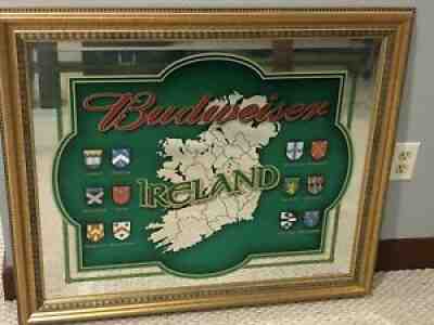 Budweiser Mirror Sign Ireland Map Clans LARGE RARE Gold frame Irish Pub Beer bar