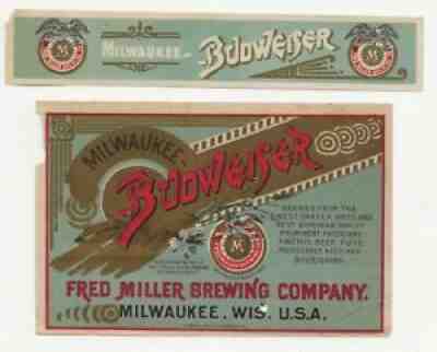 Pre Prohibition Fred Miller Brewing Budweiser Beer label with neck Milwaukee WI