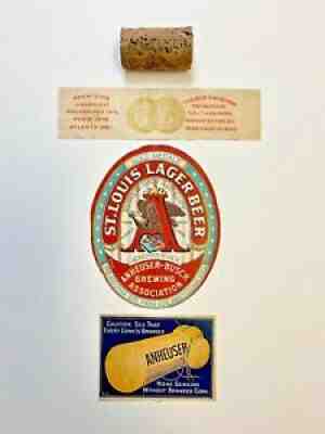 Vintage Pre-Pro Anheuser Busch St Louis Lager Beer Labels W/ Stamped Cork MO