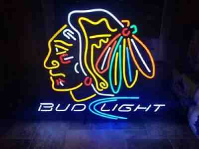 Bud light beer Chicago Blackhawks NHL hockey neon light up bar sign