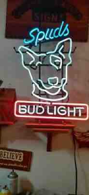 Vtg 1987 BUD LIGHT BEER SPUDS MACKENZIE Bull Terrier REAL Neon Lighted Sign