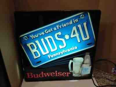 Vintage 80's Budweiser Beer Pennsylvania License Plate BUDS-4U Illuminated Sign