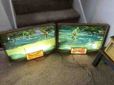 vintage Budweiser King of Beers trout fishing lighted signs Lot Of 2 20x 14x 3