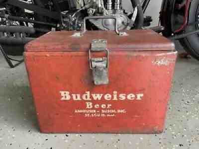 VERY RARE ANTIQUE 1950â??S BUDWEISER VINTAGE RED METAL BEER PARTY COOLER