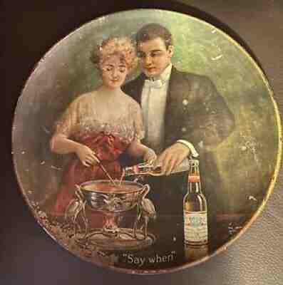 1910 ANTIQUE PRE PROHIBITION ANHEUSER BUDWEISER BEER SIGN CHARGER TRAY SAY WHEN