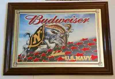 2001 BUDWEISER SALUTES THE U.S. NAVY WOOD FRAMED BAR MIRROR, MAN CAVE, BEER SIGN