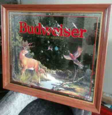 Vtg Budweiser Mirror Bar Sign Buck Deer Pheasants & Mallards 1997 Hunting Large