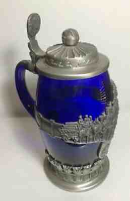 Vintage World Famous Clydesdalesâ Lidded Stein 8 1/2â? Tall CB29 Blue Glass Pewter